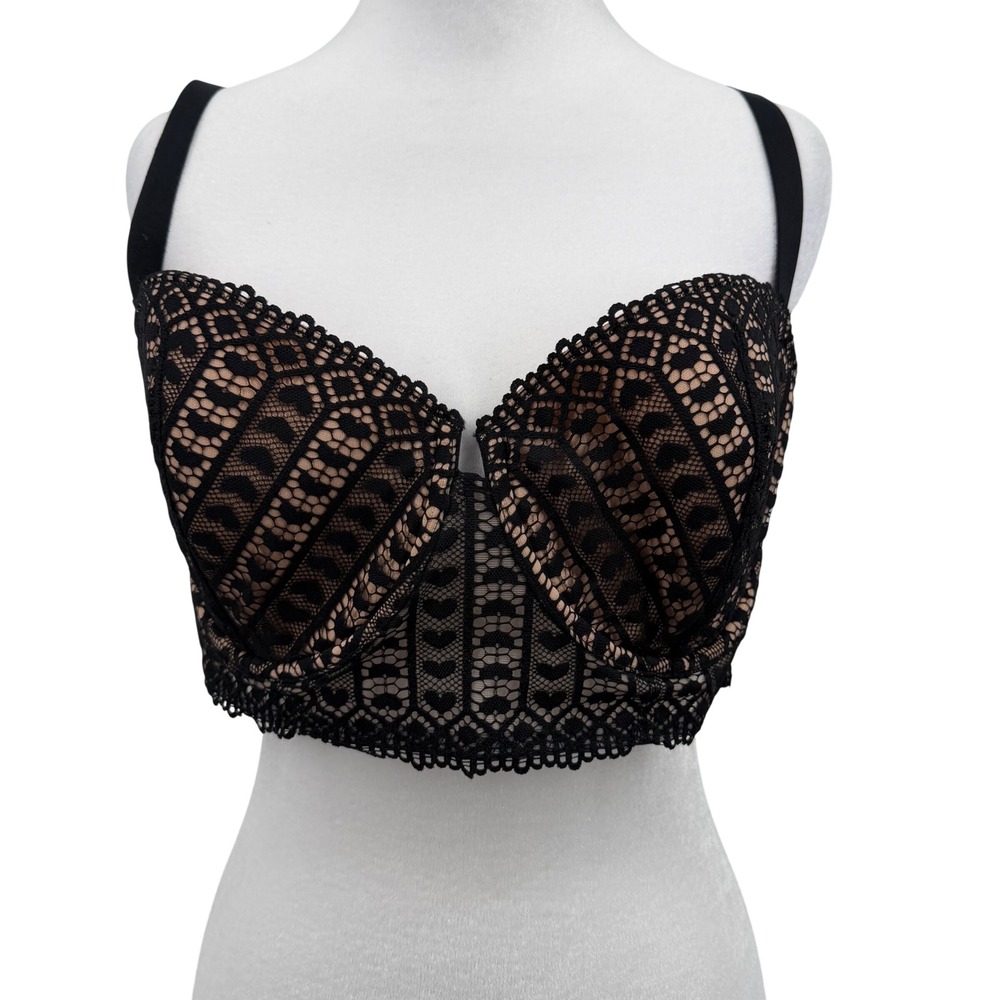 Adore Me Longline Bra‎ Women 40B Black Nude Excellent Lace Underwire Feminine